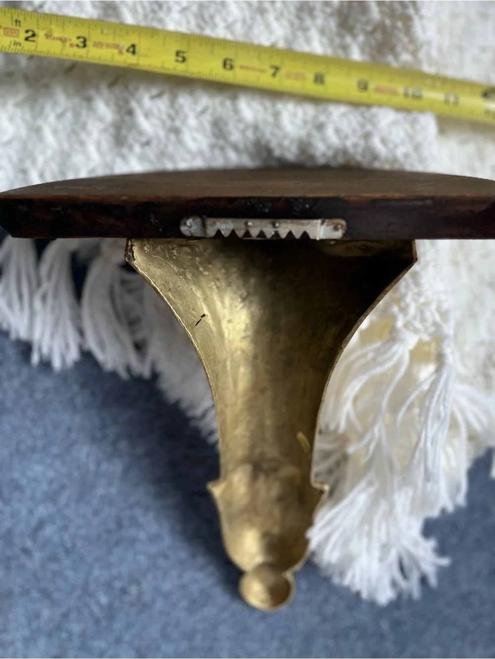 Ornate Vintage Brass and Dark Wood Wall Shelf Brackets - Pair